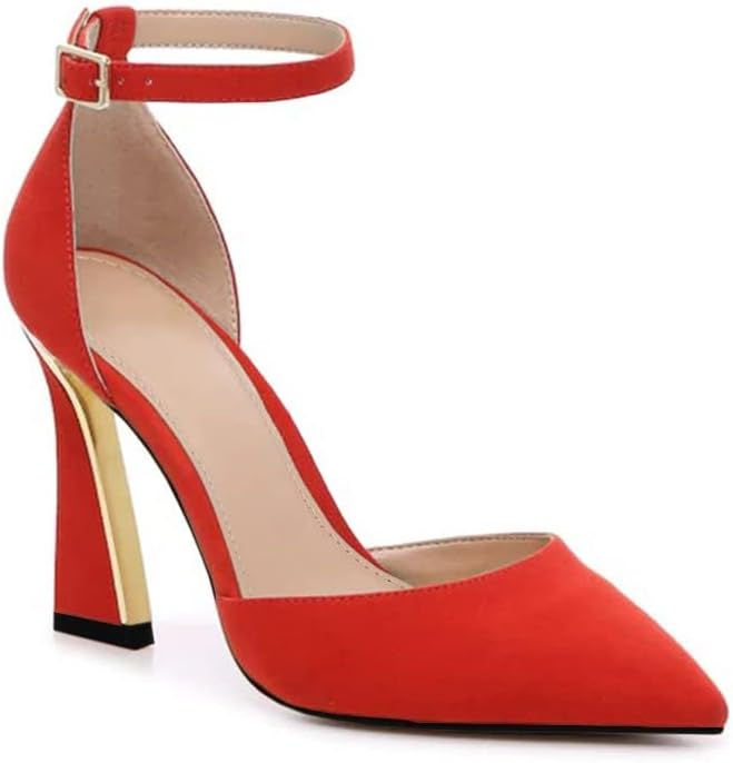 Women's Pointed Toe Ankle Strap Pumps - High Heels with Adjustable Buckle in Satin, Patent and Ribbed Finishes - Ribbed 
