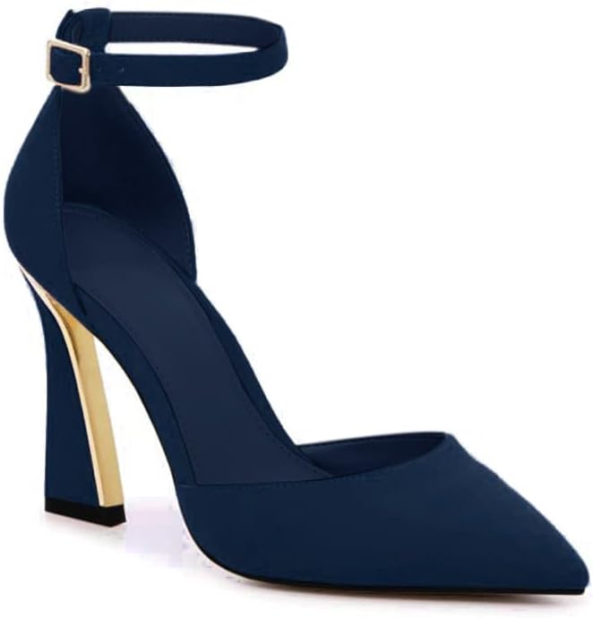 Women's Pointed Toe Ankle Strap Pumps - High Heels with Adjustable Buckle in Satin, Patent and Ribbed Finishes - Ribbed 