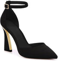 Women's Pointed Toe Ankle Strap Pumps - High Heels with Adjustable Buckle in Satin, Patent and Ribbed Finishes - Black