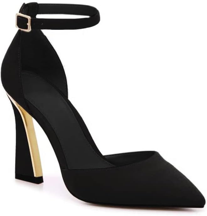 Women's Pointed Toe Ankle Strap Pumps - High Heels with Adjustable Buckle in Satin, Patent and Ribbed Finishes - Black