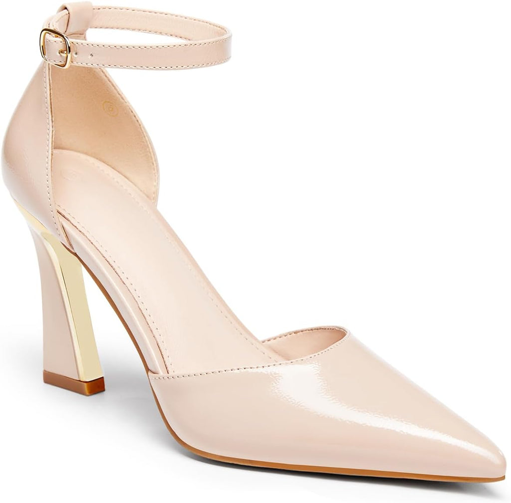 Women's Pointed Toe Ankle Strap Pumps - High Heels with Adjustable Buckle in Satin, Patent and Ribbed Finishes - Beige