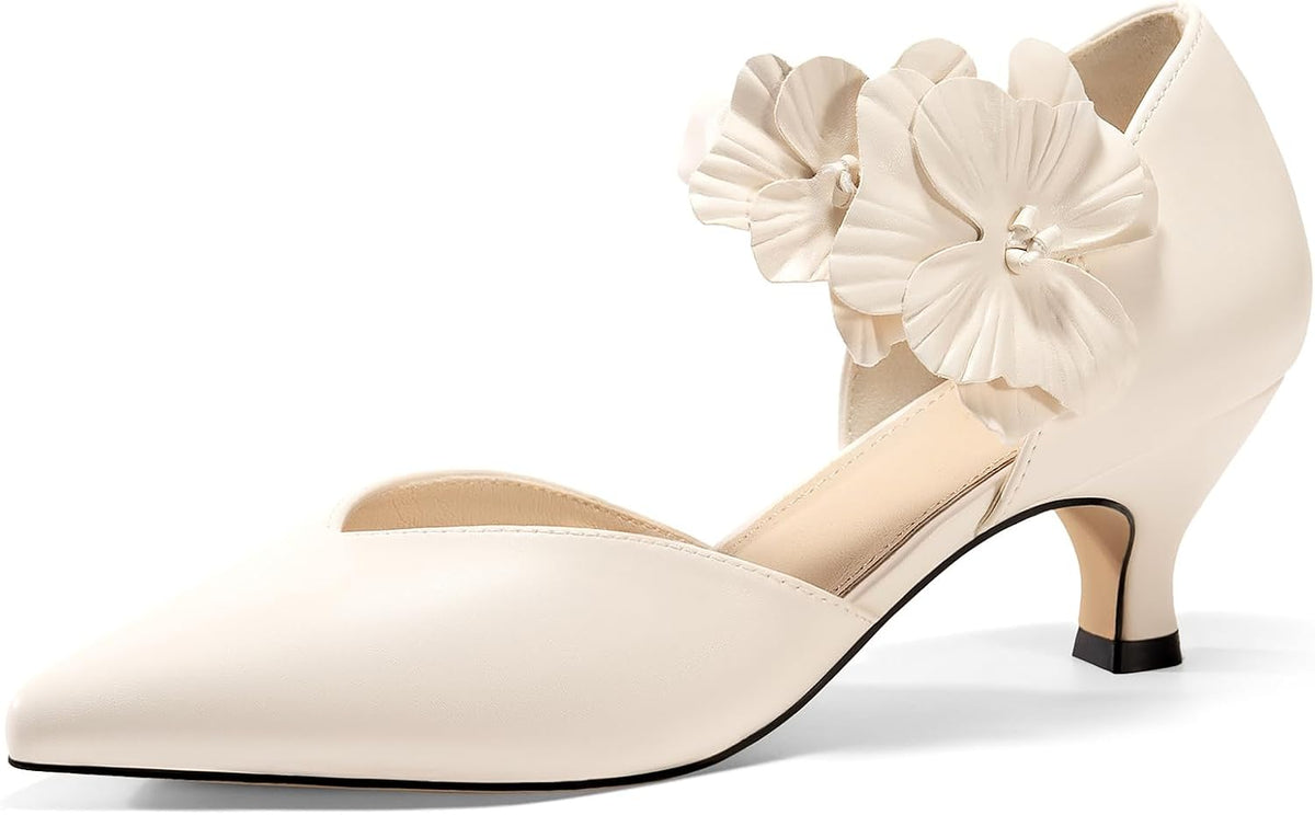Women's Kitten Heel Pumps - Low Slip On Dress Shoes with a Flower Detail in Suede and Satin for Parties - 6