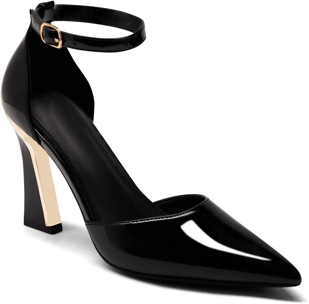 Women's Pointed Toe Ankle Strap Pumps - High Heels with Adjustable Buckle in Satin, Patent and Ribbed Finishes - Beige