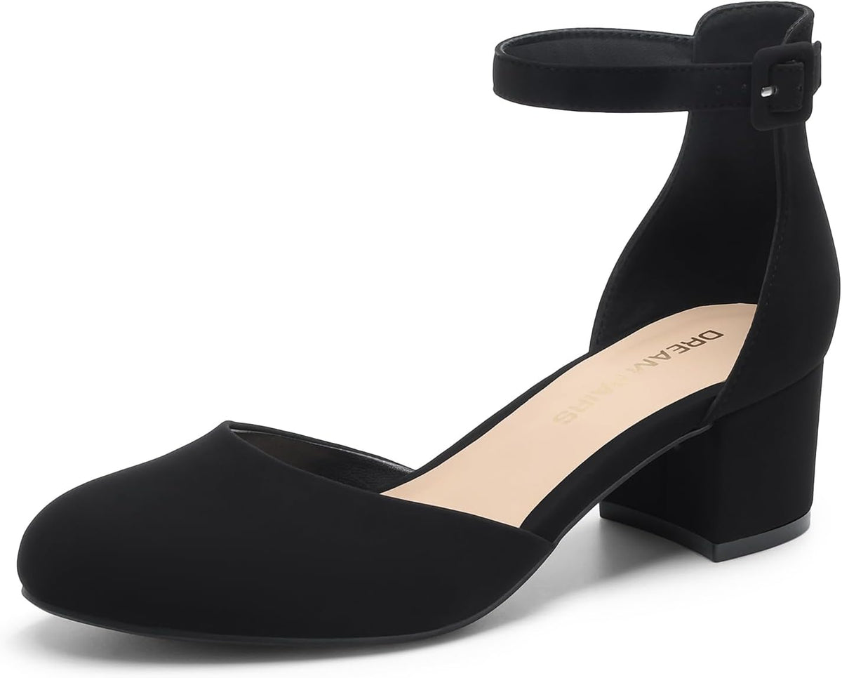 Women's Round Toe Block Heel Pumps - Low Chunky Heel with Ankle Strap for Office and Wedding Dressing - 6