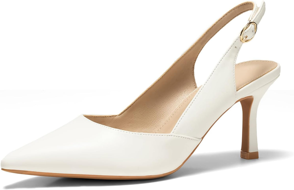 Women's Slingback Kitten Heel Pumps - Pointed Closed Toe Dress Shoes with an Adjustable Buckle for Weddings - 7