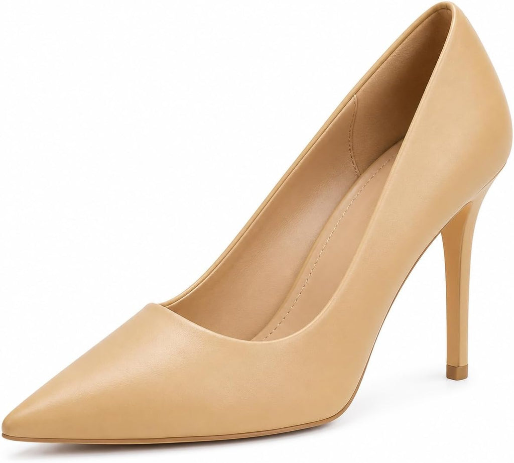 Women's Pointed Toe Stiletto Pumps - 3 Inch Slip On Closed Toe Heels for Work and Wedding Dressing - Beige