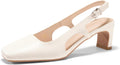 Women's Slingback Square Toe Pumps - Low Chunky Heel Dress Shoes in Patent and Smooth Finishes for Weddings - Black Pu