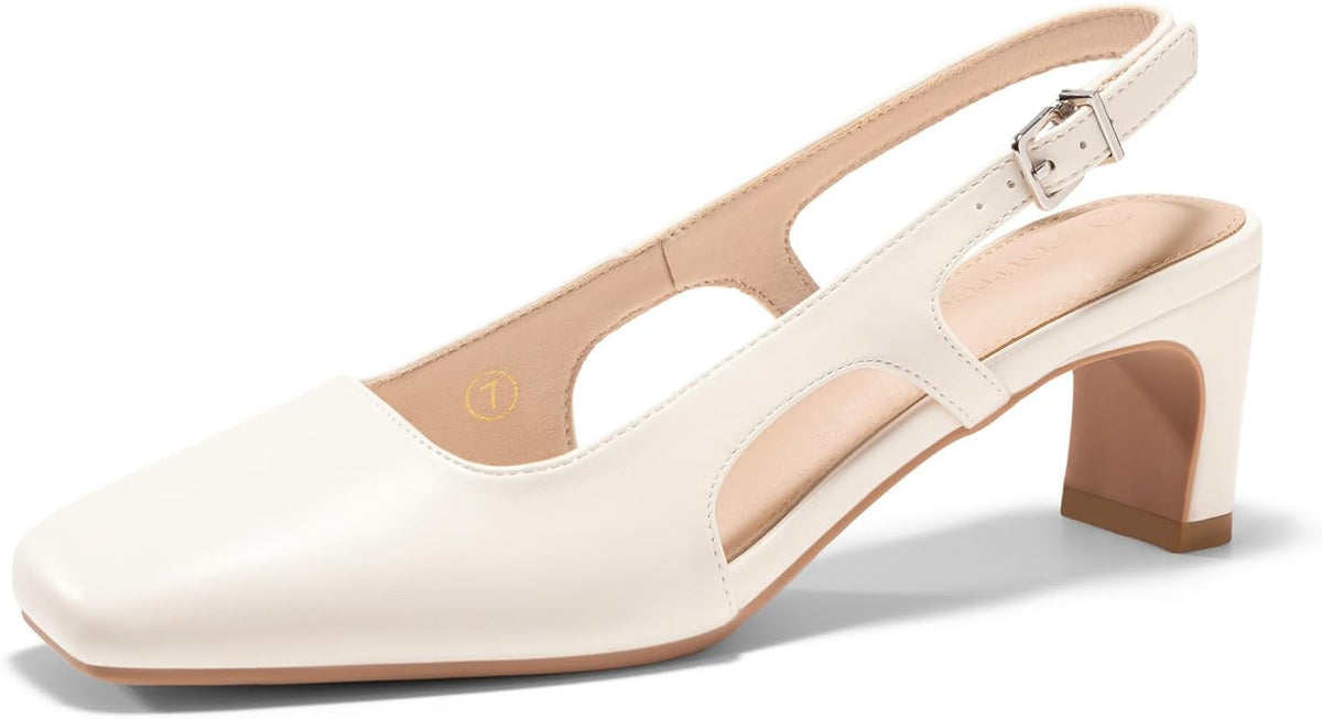 Women's Slingback Square Toe Pumps - Low Chunky Heel Dress Shoes in Patent and Smooth Finishes for Weddings - Black Pu
