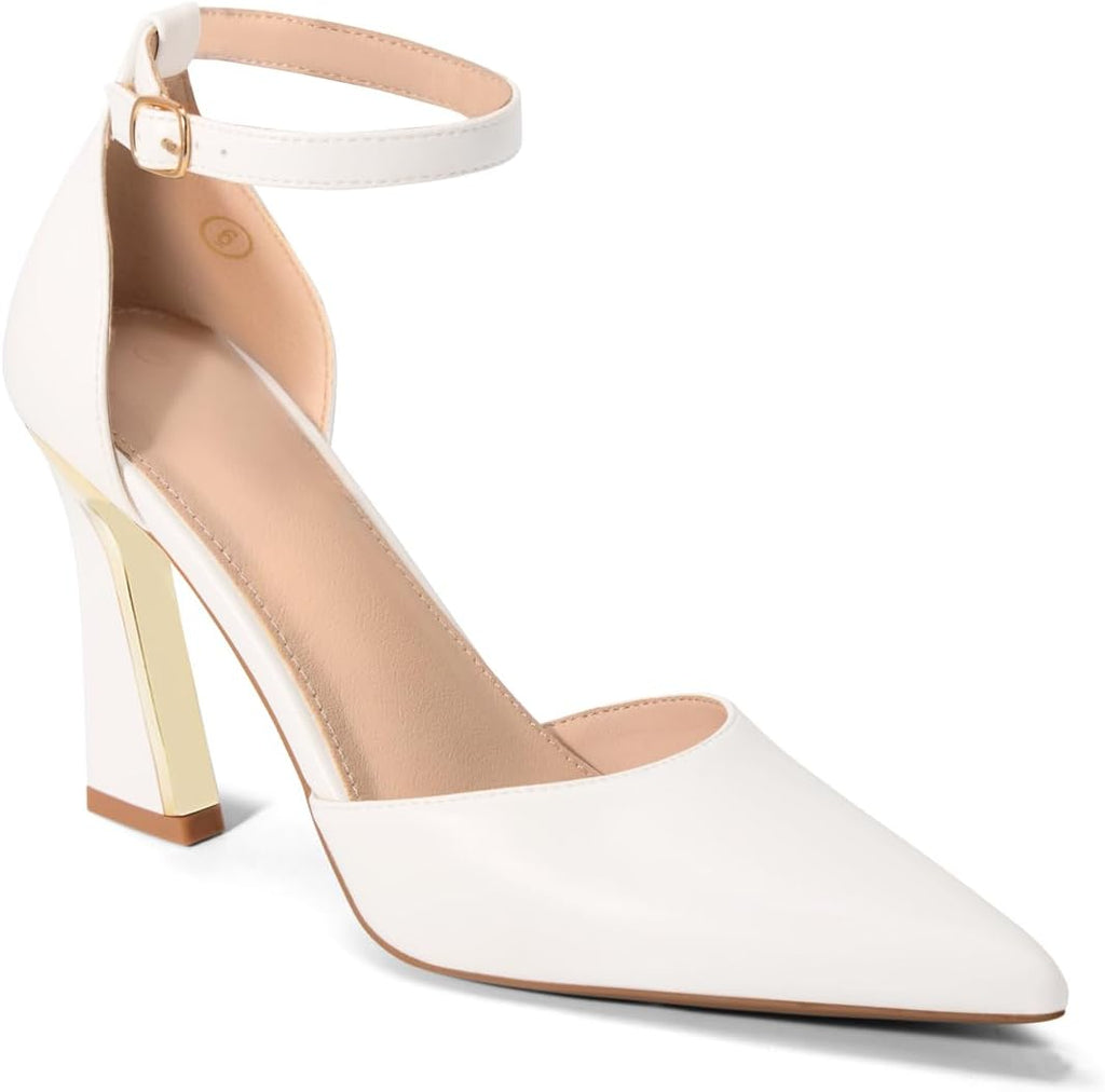 Women's Pointed Toe Ankle Strap Pumps - High Heels with Adjustable Buckle in Satin, Patent and Ribbed Finishes - Black