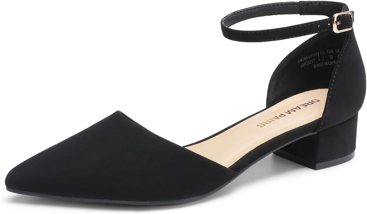 Women's Pointed Toe Low Heel Pumps - 1.38 Inch Heel Dress Shoes with Ankle Strap for Casual and Formal Days - 6