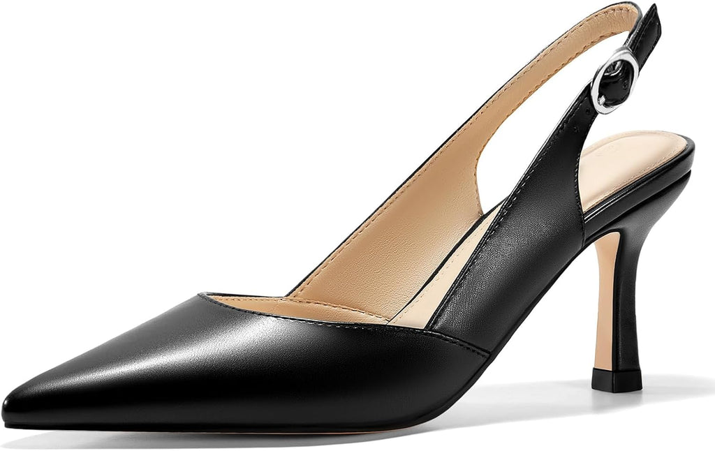 Women's Slingback Kitten Heel Pumps - Closed Pointed Toe Backless Dress Shoes in Suede and Knit for Weddings - Black Sue