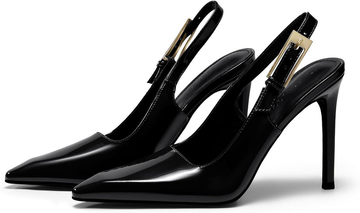 Women's Slingback Stiletto Pumps - Pointed Toe High Heels with a Metal Buckle in Leopard and Burgundy - 6