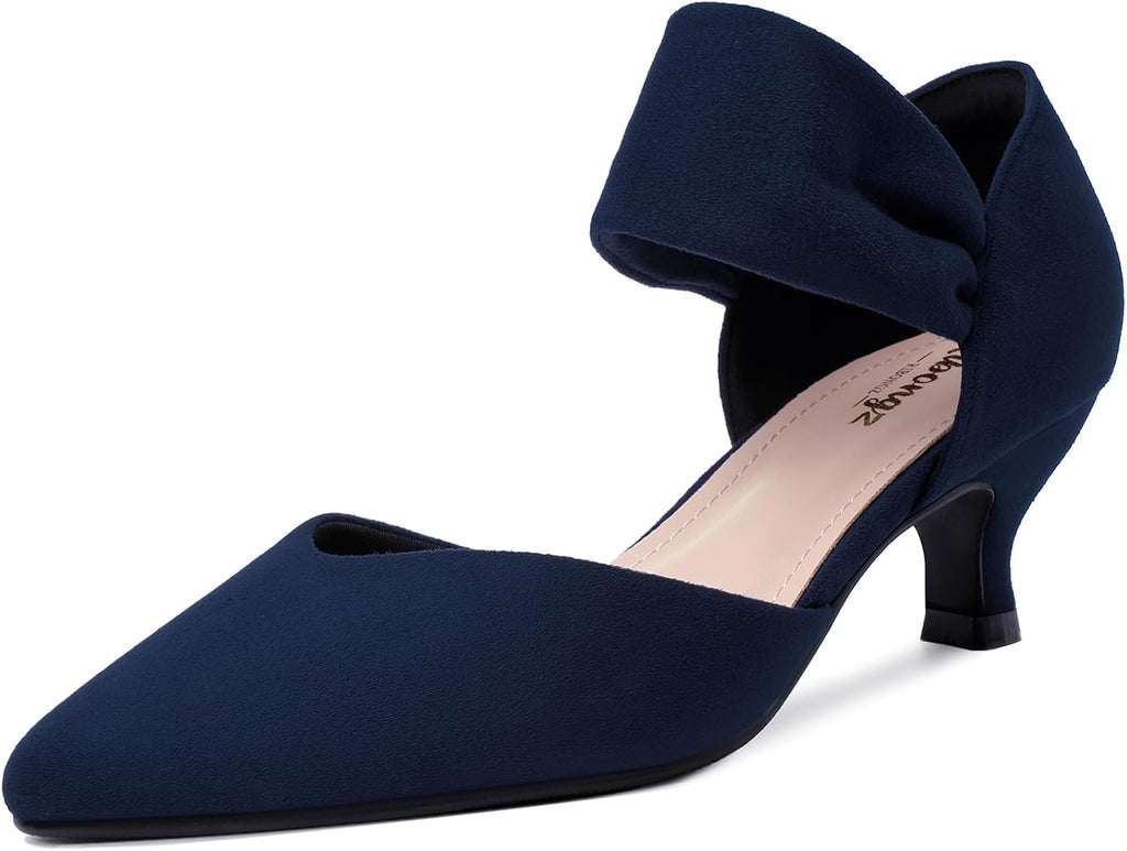 Women's Pointed Toe Kitten Heel Pumps - Low Slip On Heels in Suede and Gold Finishes for Bridal Parties - 10