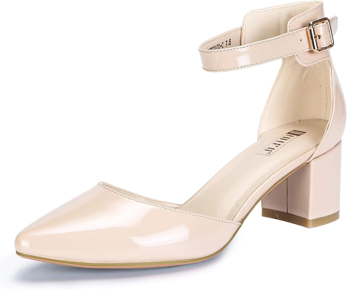 Women's Low Block Heel Pumps - Chunky Closed Toe Heels with Ankle Strap in Suede and Glitter for Weddings - 6