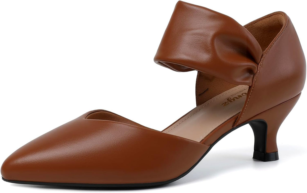 Women's Pointed Toe Kitten Heel Pumps - Low Slip On Heels in Suede and Gold Finishes for Bridal Parties - 6