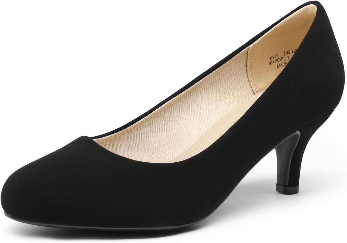 Women's Round Toe Kitten Heel Pumps - 2.5 Inch Heel, Slip On Fit and Cushioned Latex Insole for Office Wear - 9 Wide