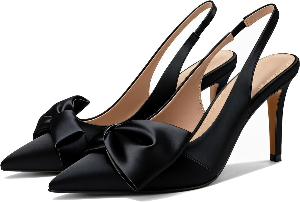 Women's Bow Detail Slingback Pumps - 3.3 Inch Stiletto Heels with an Elastic Strap for Formal Evenings - 7