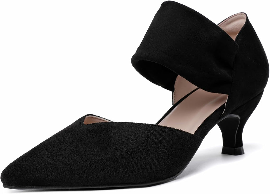 Women's Pointed Toe Kitten Heel Pumps - Low Slip On Heels in Suede and Gold Finishes for Bridal Parties - 6