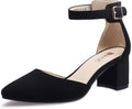 Women's Low Block Heel Pumps - Chunky Closed Toe Heels with Ankle Strap in Suede and Glitter for Weddings - 10