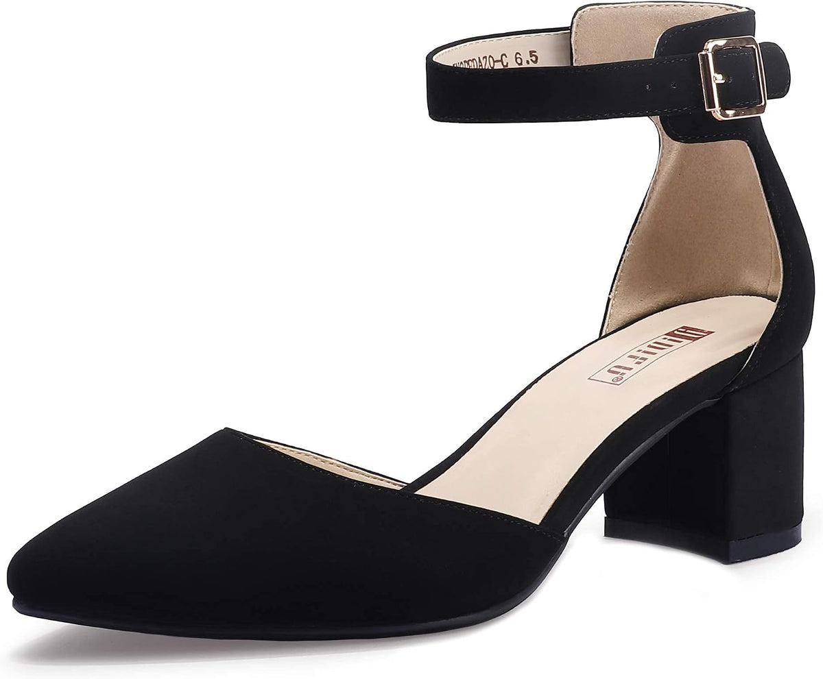 Women's Low Block Heel Pumps - Chunky Closed Toe Heels with Ankle Strap in Suede and Glitter for Weddings - 10