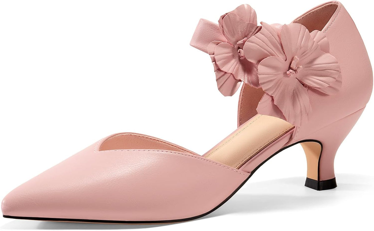 Women's Kitten Heel Pumps - Low Slip On Dress Shoes with a Flower Detail in Suede and Satin for Parties - 7
