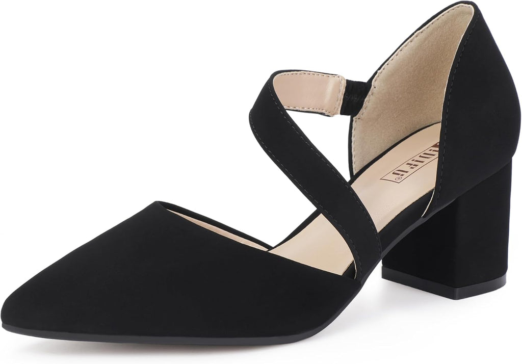 Women's Pointed Toe Block Heel Pumps - 2 Inch Low Chunky Heels with Straps in Suede and Glitter for Proms - 10