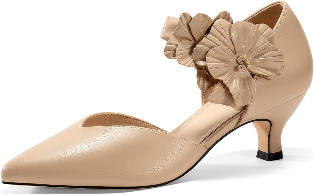 Women's Kitten Heel Pumps - Low Slip On Dress Shoes with a Flower Detail in Suede and Satin for Parties - 6