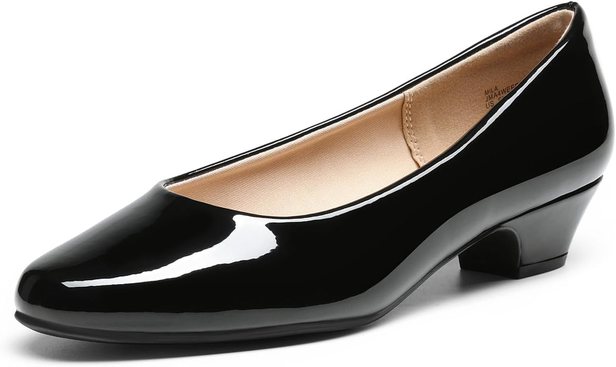 Women's Round Toe Block Heel Pumps - 1.5 Inch Low Heel Dress Shoes in Patent, Suede and Glitter for the Office - 9