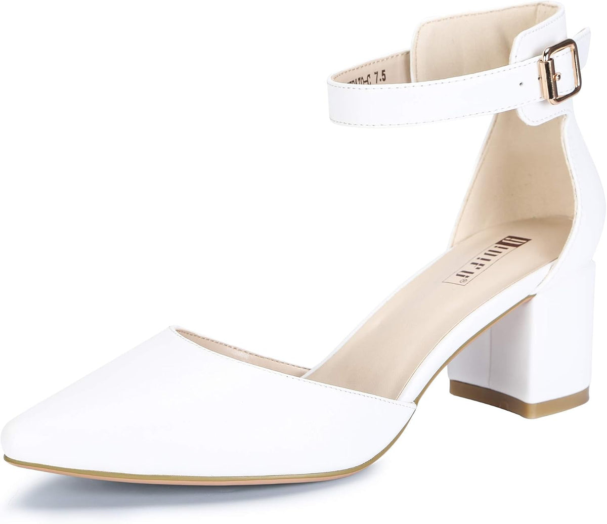 Women's Low Block Heel Pumps - Chunky Closed Toe Heels with Ankle Strap in Suede and Glitter for Weddings - 6