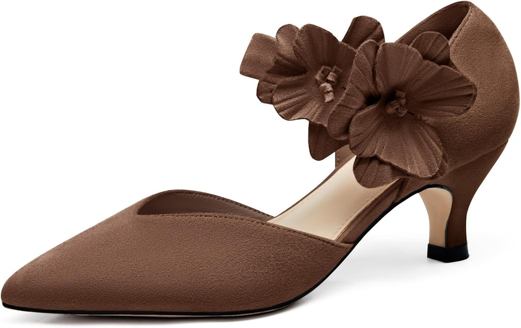 Women's Kitten Heel Pumps - Low Slip On Dress Shoes with a Flower Detail in Suede and Satin for Parties - 7