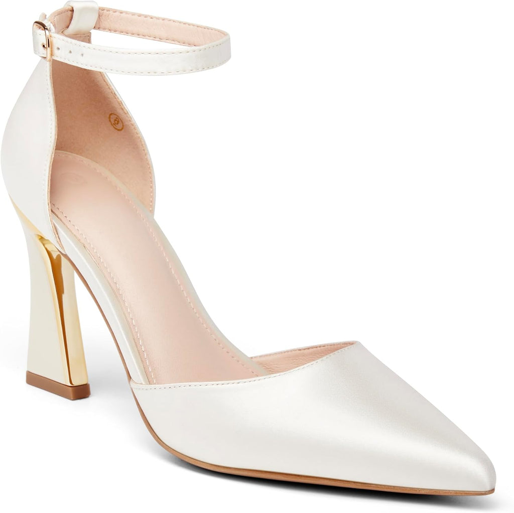 Women's Pointed Toe Ankle Strap Pumps - High Heels with Adjustable Buckle in Satin, Patent and Ribbed Finishes - Ribbed 
