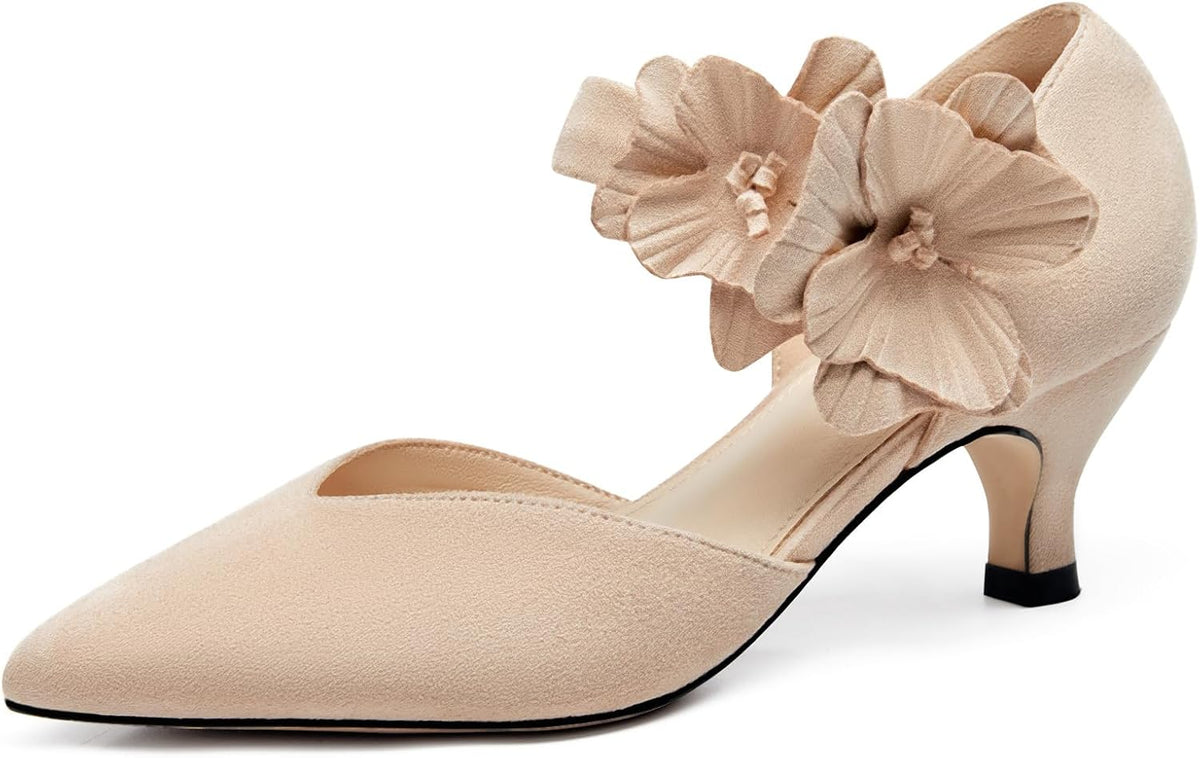 Women's Kitten Heel Pumps - Low Slip On Dress Shoes with a Flower Detail in Suede and Satin for Parties - 6