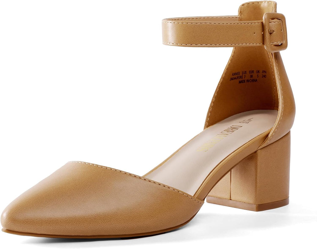 Women's Pointed Toe Block Heel Pumps - Low Chunky Heel with Ankle Strap in Glitter and Suede for the Office - 9
