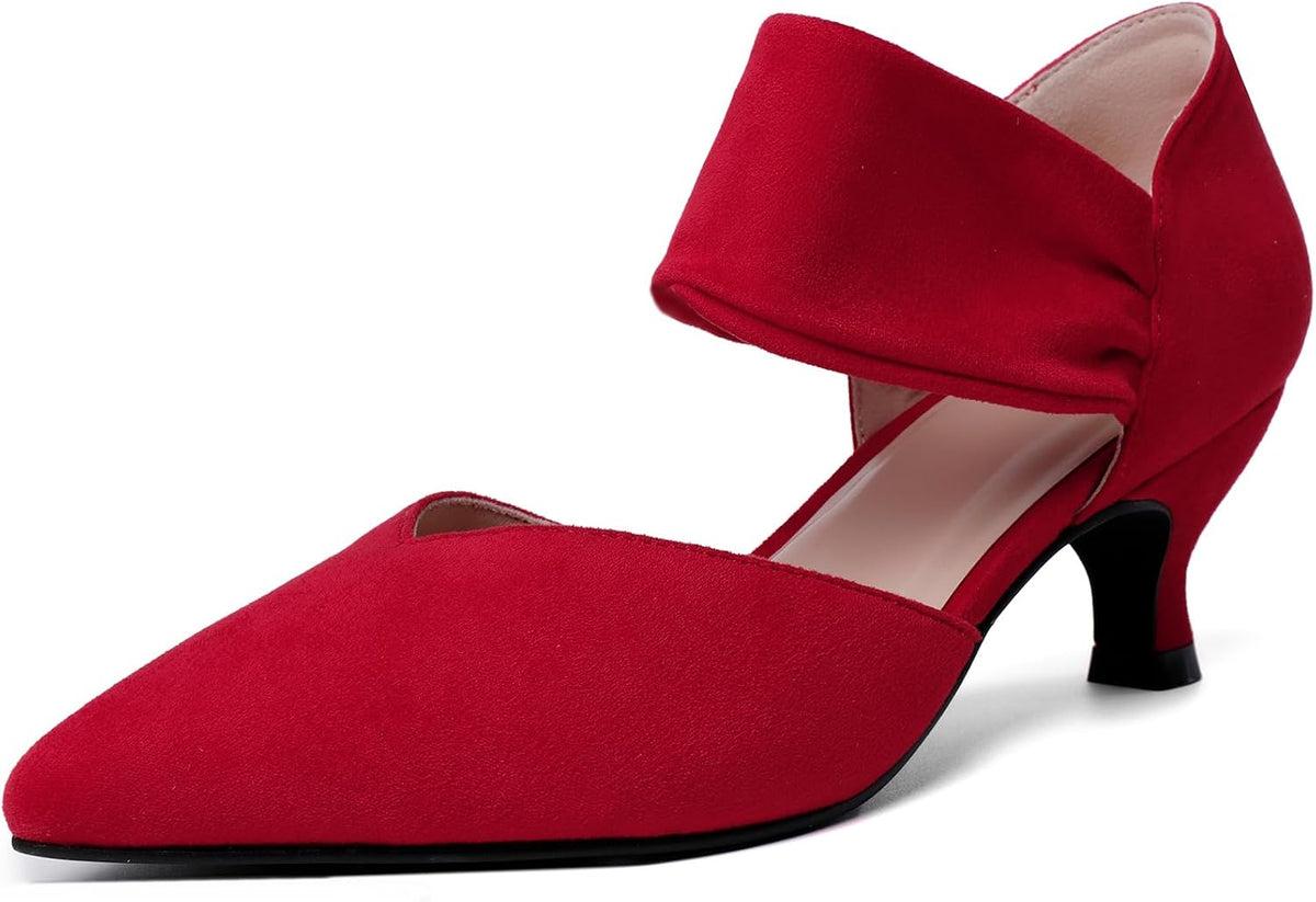 Women's Pointed Toe Kitten Heel Pumps - Low Slip On Heels in Suede and Gold Finishes for Bridal Parties - 10