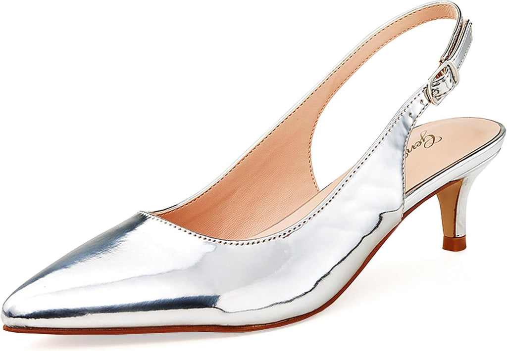 Women's Slingback Kitten Heel Pumps - 2 Inch Pointed Toe Heels with an Adjustable Strap for Office Days - 9