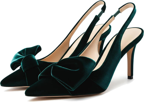 Women's Bow Detail Slingback Pumps - 3.3 Inch Stiletto Heels with an Elastic Strap for Formal Evenings - 6