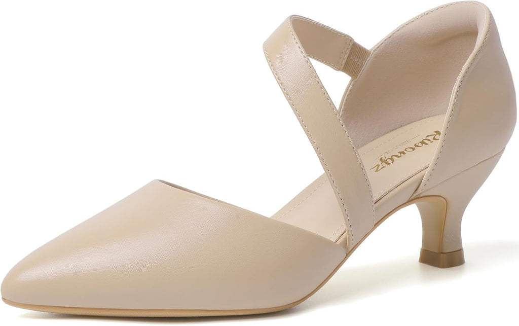 Women's Pointed Toe Kitten Heel Pumps - Low Slip On Heels in Suede and Gold Finishes for Bridal Parties - 8
