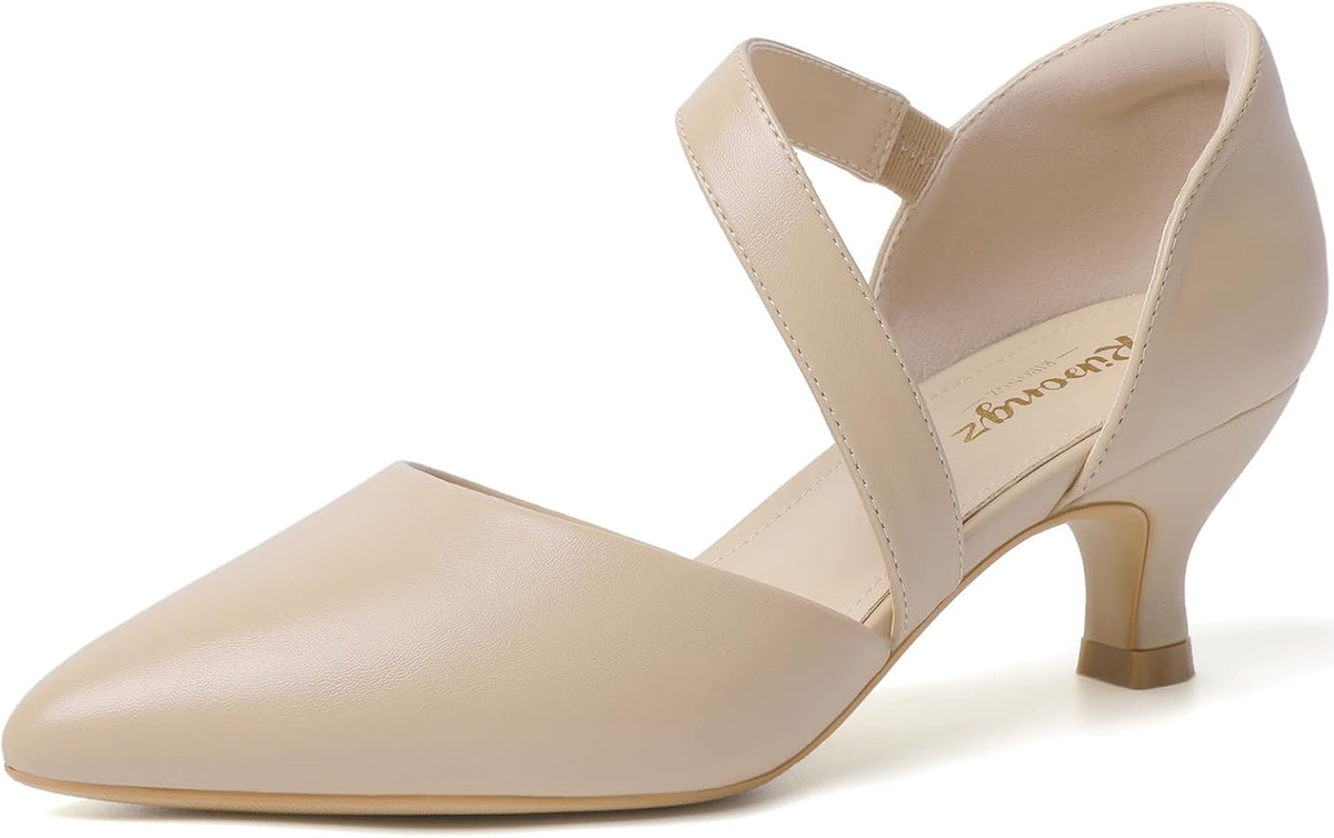 Women's Pointed Toe Kitten Heel Pumps - Low Slip On Heels in Suede and Gold Finishes for Bridal Parties - 8