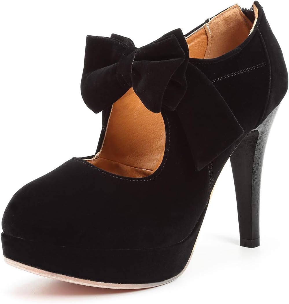 Women's Vintage Bow Platform Pumps - High Heel Dress Shoes with a Small Bow Detail for Retro Party Looks - 6
