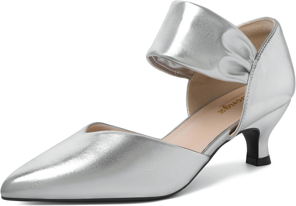 Women's Pointed Toe Kitten Heel Pumps - Low Slip On Heels in Suede and Gold Finishes for Bridal Parties - 9