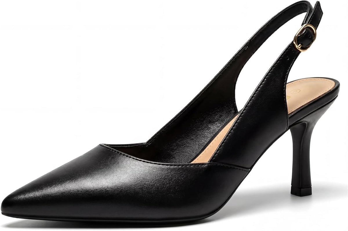Women's Slingback Kitten Heel Pumps - Pointed Closed Toe Dress Shoes with an Adjustable Buckle for Weddings - 6