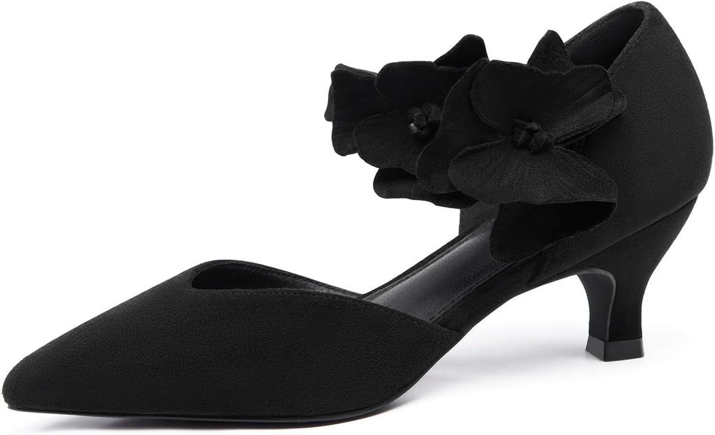 Women's Kitten Heel Pumps - Low Slip On Dress Shoes with a Flower Detail in Suede and Satin for Parties - 6