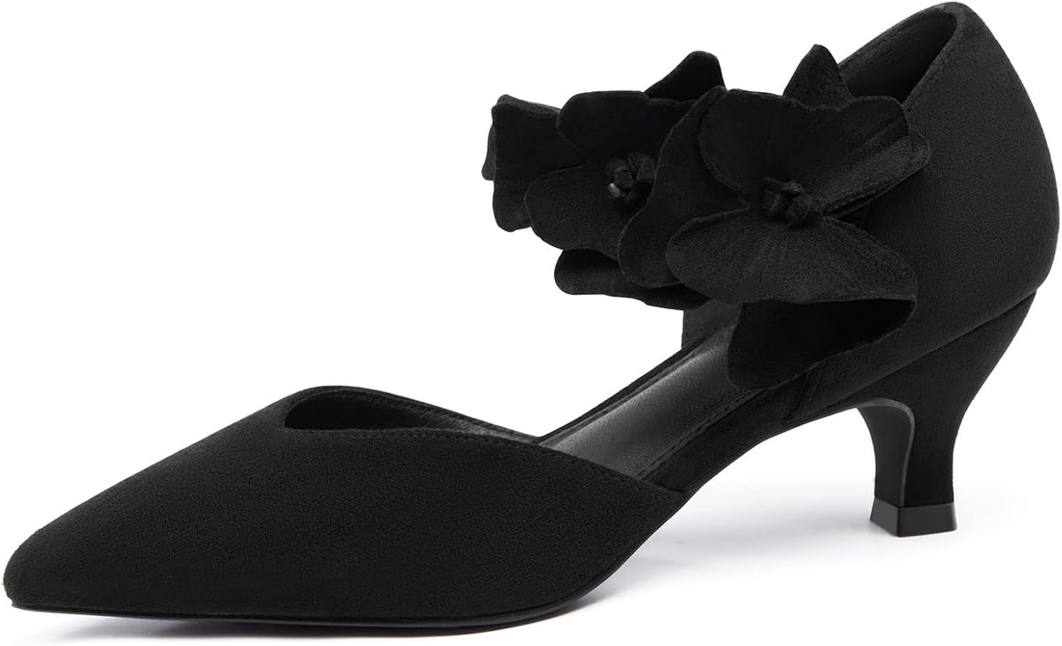 Women's Kitten Heel Pumps - Low Slip On Dress Shoes with a Flower Detail in Suede and Satin for Parties - 6