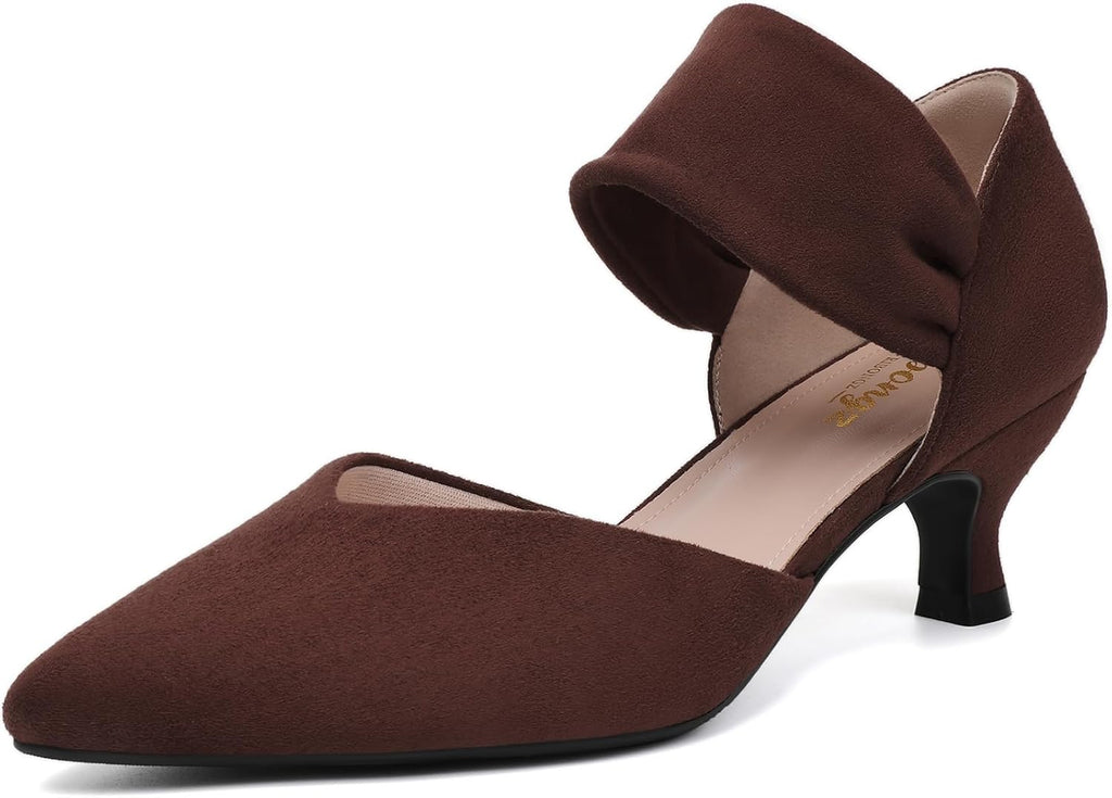 Women's Pointed Toe Kitten Heel Pumps - Low Slip On Heels in Suede and Gold Finishes for Bridal Parties - 6