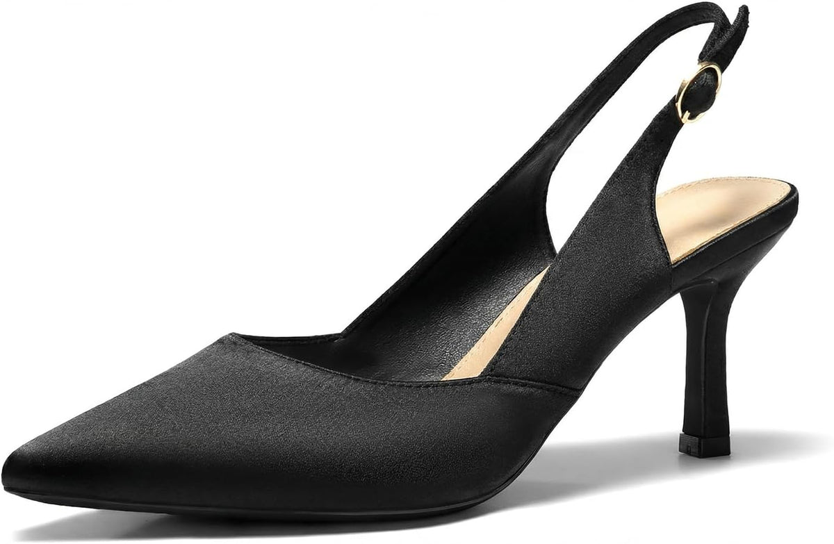 Women's Slingback Kitten Heel Pumps - Pointed Closed Toe Dress Shoes with an Adjustable Buckle for Weddings - 7