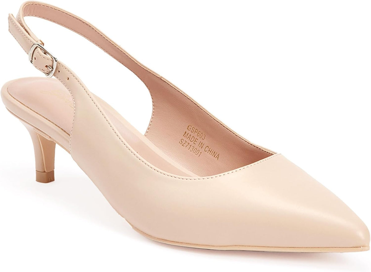 Women's Slingback Kitten Heel Pumps - 2 Inch Pointed Toe Heels with an Adjustable Strap for Office Days - 8