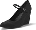 Women's Mary Jane Wedge Pumps - Closed Toe Wedge Heels with an Ankle Strap in Leopard, Khaki and Navy - 6