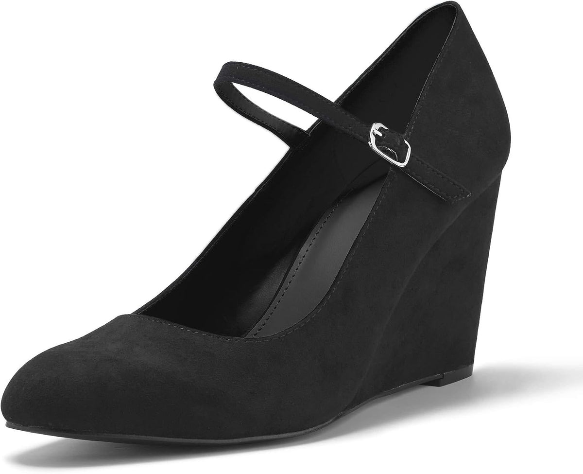 Women's Mary Jane Wedge Pumps - Closed Toe Wedge Heels with an Ankle Strap in Leopard, Khaki and Navy - 6