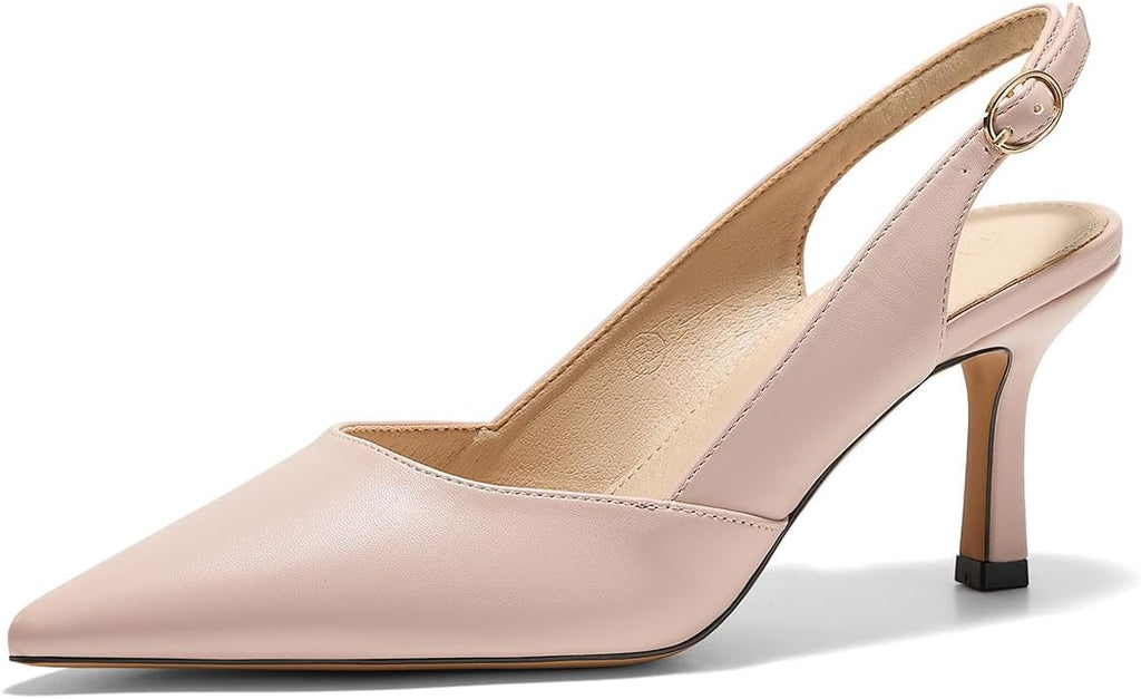 Women's Slingback Kitten Heel Pumps - Pointed Closed Toe Dress Shoes with an Adjustable Buckle for Weddings - 7