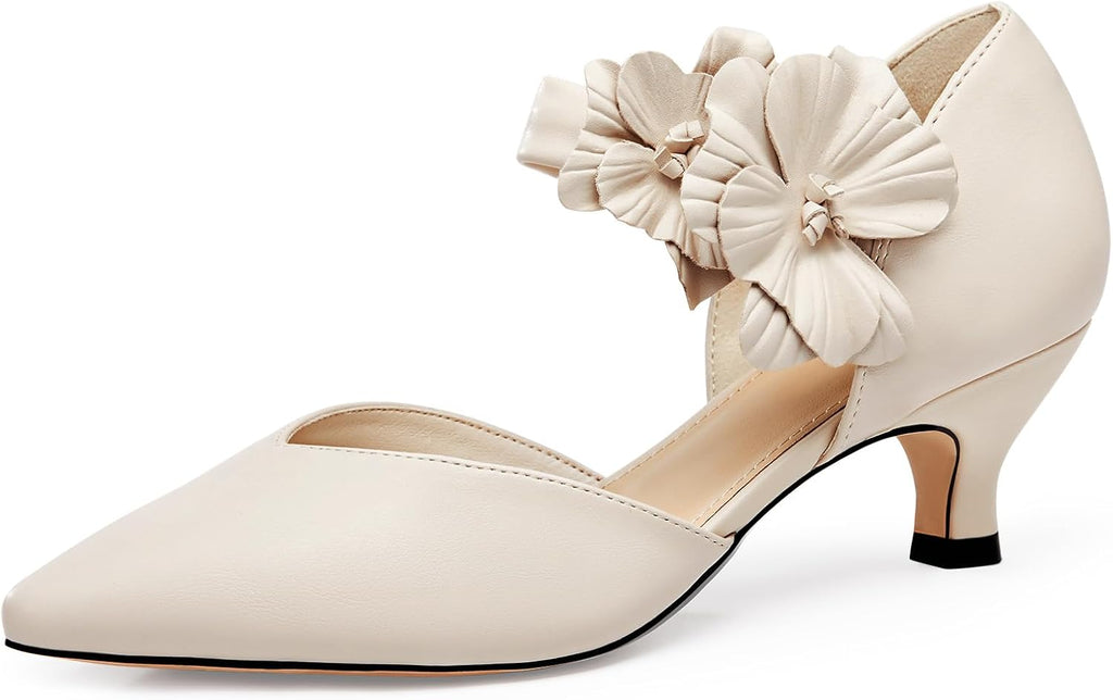 Women's Kitten Heel Pumps - Low Slip On Dress Shoes with a Flower Detail in Suede and Satin for Parties - 6